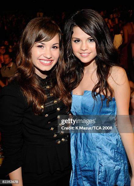 Singer Demi Lovato and actress Selena Gomez during the 2008 Teen Choice Awards at Gibson Amphitheater on August 3, 2008 in Los Angeles, California.