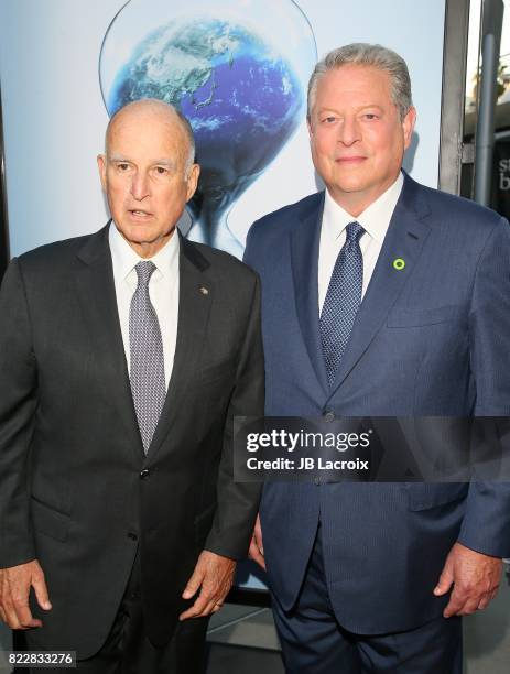 Governor of California Jerry Brown and Former Vice President Al Gore attend a screening of Paramount Pictures' "An Inconvenient Sequel: Truth To...