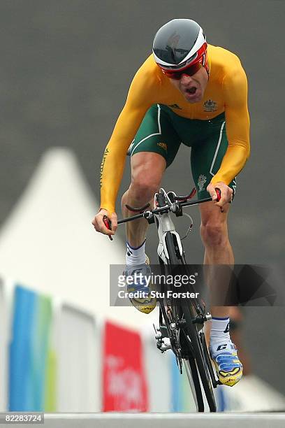 Cadel Evans of Australia competes in the men's individual time trial at the Road Cycling Course during Day 5 of the Beijing 2008 Olympic Games on...
