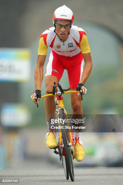 Alberto Contador of Spain competes in the men's individual time trial at the Road Cycling Course during Day 5 of the Beijing 2008 Olympic Games on...