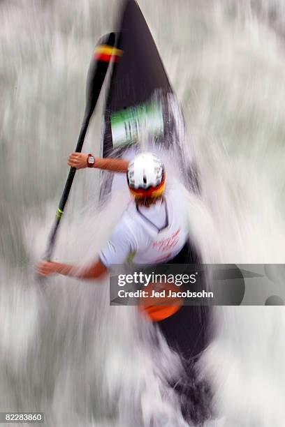 Jennifer Bongardt of Germany competes in the canoe/kayak slalom event at the Shunyi Olympic Rowing-Canoeing Park during Day 5 of the Beijing 2008...