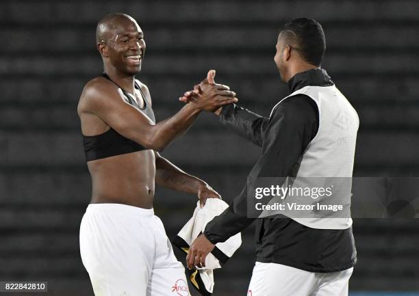 Javier Lopez and Carlos Henao of Independiente Santa Fe celebrate after the match between Independiente Santa Fe and Fuerza Amarilla as part of the...