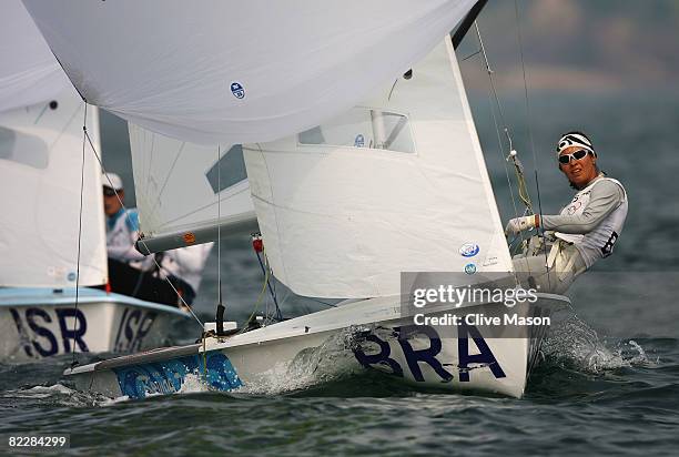 Fernanda Oliveira and Isabel Swan of Brazil compete in the Women's 470 class race held at the Qingdao Olympic Sailing Center during day 5 of the...