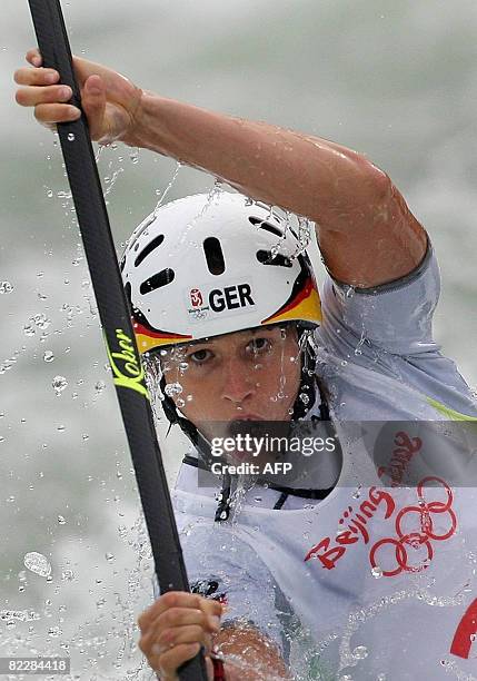 Jennifer Bongardt of Germany competes during the kayak K1 Women's heats in the 2008 Beijing Olympic Games at the Shunyi Rowing and Canoeing Park in...