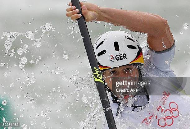 Jennifer Bongardt of Germany competes during the kayak K1 Women's heats in the 2008 Beijing Olympic Games at the Shunyi Rowing and Canoeing Park in...