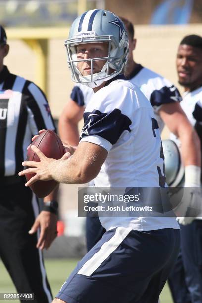 Zac Dysert of the Dallas Cowboys looks down field for an open receiver during afternoon practice on July 25, 2017 in Oxnard, California.