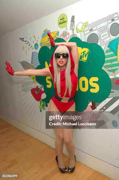 Lady GaGa visits MTV's "TRL" at MTV studios on August 12, 2008 in New York City.