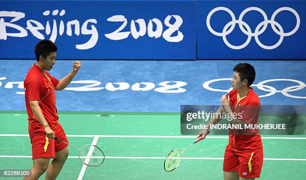 Yu Yang and Du Jing of China play against compatriots Wei Yili and Zhang Yawen in the women's doubles semi final badminton match of the 2008 Beijing...