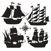 Set of simple sketch illustrations old sailboats, pirate ships with a sail silhouette