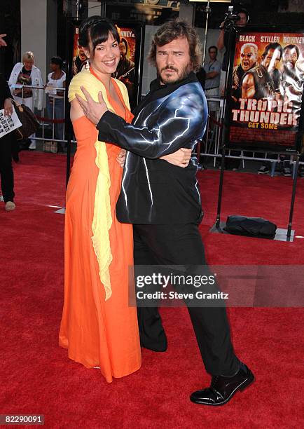 Actor Jack Black and wife Tanya Haden arrives at the Los Angeles Premiere Of "Tropic Thunder" at the Mann's Village Theater on August 11, 2008 in Los...