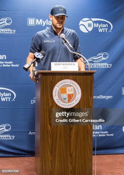 Tennis player Andy Roddick holds a press conference during the 2017 Mylan World TeamTennis New York Empire vs Philadelphia Freedoms match at Michael...