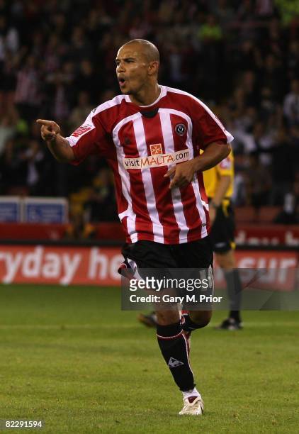 Danny Webber of Sheffield United celebrates scoring the third goal from the penalty spot during the Carling Cup 1st Round match between Sheffield...