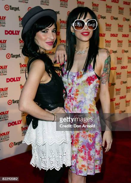 Twin sisters Lisa and Jessica Origliasso of The Veronicas arrive for the third annual Dolly Teen Choice Awards at Luna Park on August 13, 2008 in...