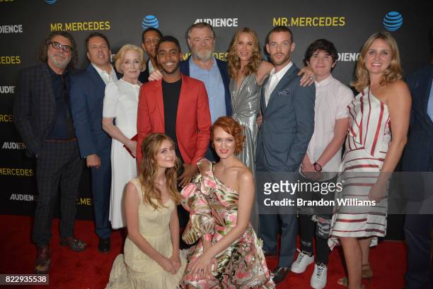 The cast of "Mr. Mercedes": Director Jack Bender, head of AT&T AUDIENCE Network Chris Long, Holland Taylor, Scott Lawrence, Jharrel Jerome, Justine...