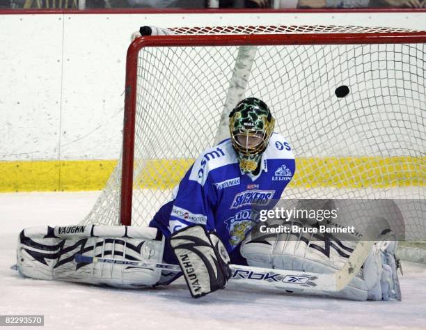 Goaltender Juha Metsola of Team Finland misses the puck against Team USA at the USA Hockey National Junior Evaluation Camp on August 9, 2008 at the...