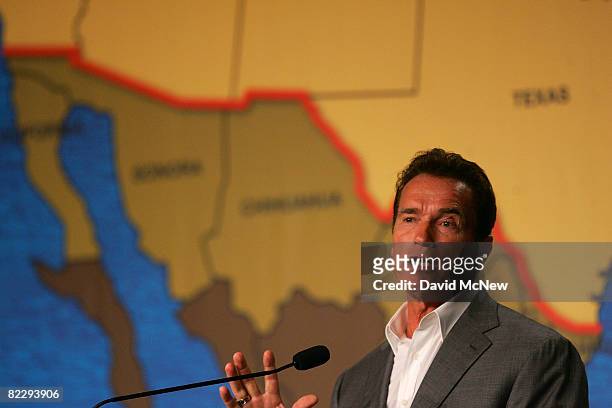 California Gov. Arnold Schwarzenegger gives his opening speech near a map of the US-Mexico border at the 26th Borders Governors Conference, which...