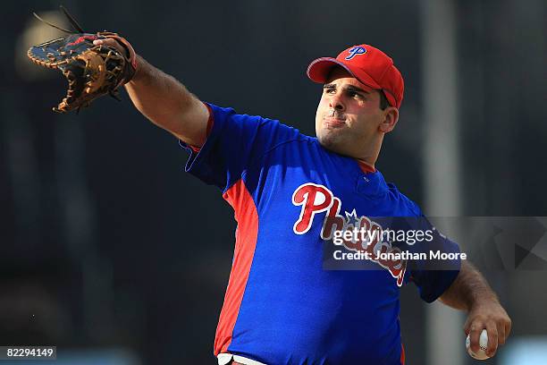 Batting practice pitcher Ali Modami of the Philadelphia Phillies warms up before the game against the Los Angeles Dodgers on August 13, 2008 at...