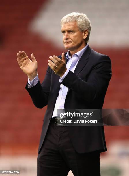 Mark Hughes, the Stoke City manager looks on during the pre season friendly match between Sheffield United and Stoke City at Bramall Lane on July 25,...