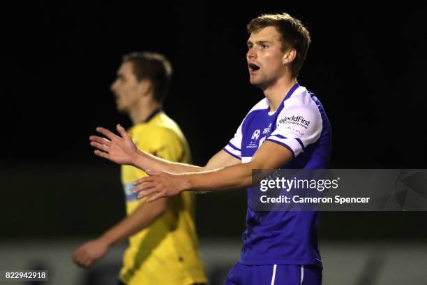 Andre De Jong of Hakoah FC reacts after a shot at goal during the FFA Cup round of 32 match between Hills United FC and Hakoah Sydney City East at...