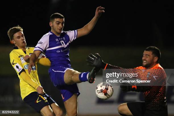 Anthony Frangie of Hakoah FC attempts a shot at during the FFA Cup round of 32 match between Hills United FC and Hakoah Sydney City East at Lily's...