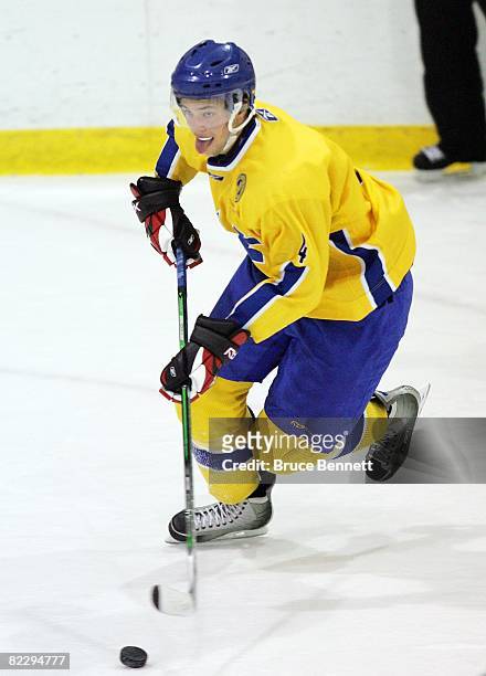 Victor Hedman of Team Sweden skates against Team USA at the USA Hockey National Junior Evaluation Camp on August 9, 2008 at the Olympic Center in...