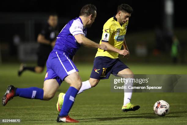 Matias Toro Suazo of Hills Brumbies controls the ball during the FFA Cup round of 32 match between Hills United FC and Hakoah Sydney City East at...