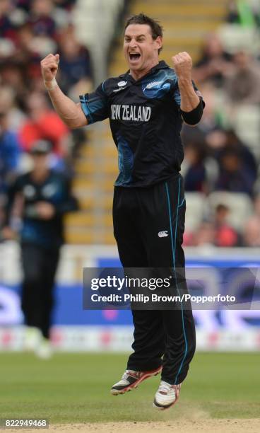 New Zealand bowler Nathan McCullum celebrates after dismissing Australia batsman Matthew Wade during the ICC Champions Trophy group match between...