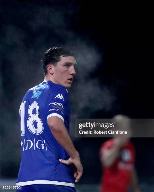 Matthew Millar of South Melbourne looks on during the FFA Cup round of 32 match between South Melbourne and Edgeworth FC at Lakeside Stadium on July...