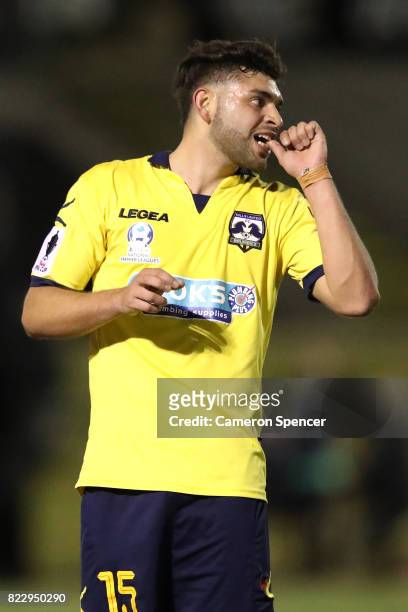 Matias Toro Suazo of Hills Brumbies reacts after taking a shot at goal during the FFA Cup round of 32 match between Hills United FC and Hakoah Sydney...