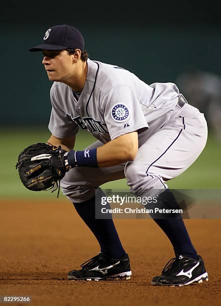 Infielder Bryan LaHair of the Seattle Mariners in action during the game against the Los Angeles Angels of Anaheim at Angel Stadium on August 12,...