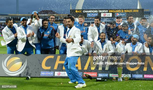 India's Virat Kohli dances in celebration after India won the ICC Champions Trophy Final between England and India at Edgbaston, Birmingham, 23rd...