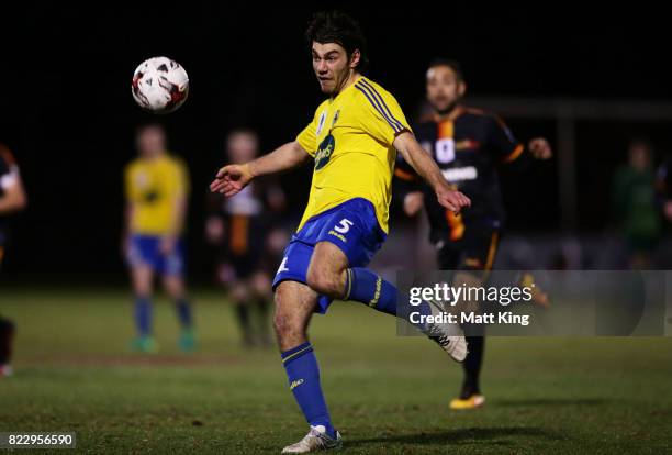 James Combes of the Bankstown Berries controls the ball during the FFA Cup round of 32 match between Bankstown Berries and MetroStars SC at Jensen...