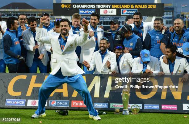 India's Virat Kohli dances in celebration after India won the ICC Champions Trophy Final between England and India at Edgbaston, Birmingham, 23rd...