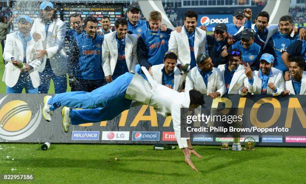 India's Virat Kohli dances in celebration after India won the ICC Champions Trophy Final between England and India at Edgbaston, Birmingham, 23rd...