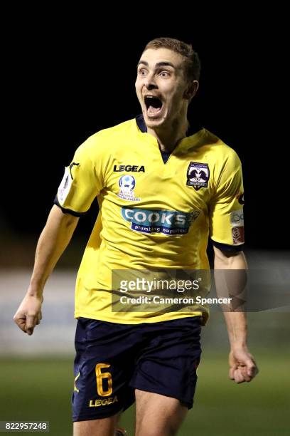 Bradley Robertson of Hills Brumbies celebrates kicking a goal during the FFA Cup round of 32 match between Hills United FC and Hakoah Sydney City...