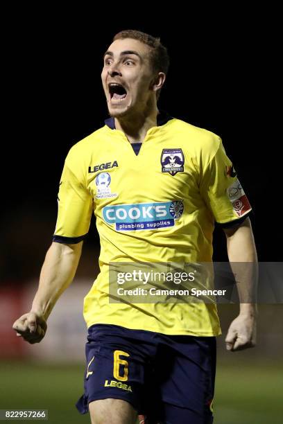 Bradley Robertson of Hills Brumbies celebrates kicking a goal during the FFA Cup round of 32 match between Hills United FC and Hakoah Sydney City...