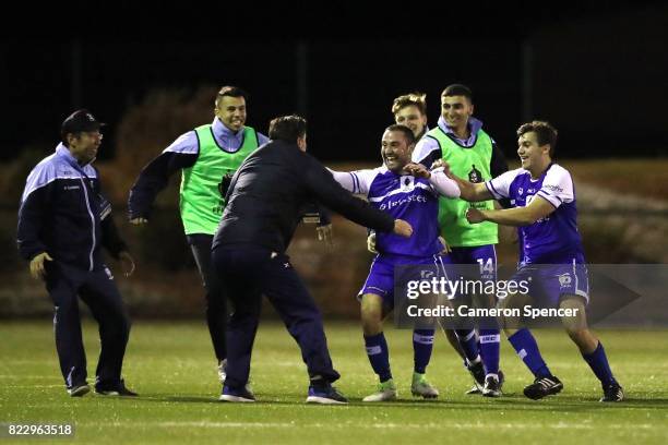 Gideon Sweet of Hakoah FC celebrates kicking a goal during the FFA Cup round of 32 match between Hills United FC and Hakoah Sydney City East at...