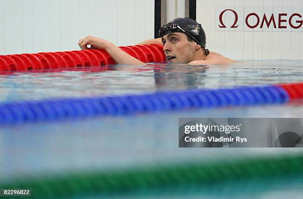 Helge Meeuw of Germany competes in the Men's 200m Backstroke Semifinal 2 held at the National Aquatics Centre during Day 6 of the Beijing 2008...