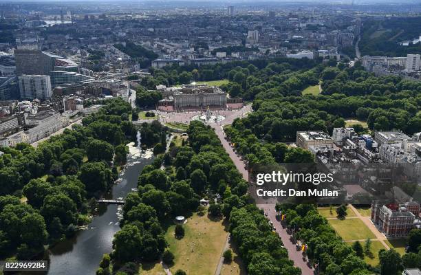 An aerial view of The Mall leading to Buckingham Palace on July 12, 2017 in London, England.