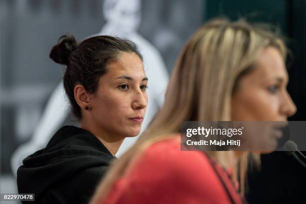 Sara Doorsoun sits next to Lena Goessling during Germany Press Conference on July 26, 2017 in 's-Hertogenbosch, Netherlands.