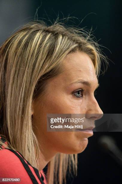Lena Goessling listens to questions from the media during Germany Press Conference on July 26, 2017 in 's-Hertogenbosch, Netherlands.