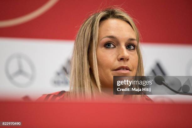 Lena Goessling listens to questions from the media during Germany Press Conference on July 26, 2017 in 's-Hertogenbosch, Netherlands.