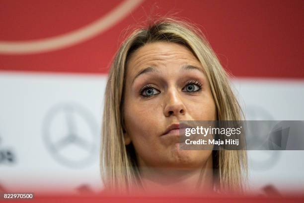 Lena Goessling listens to questions from the media during Germany Press Conference on July 26, 2017 in 's-Hertogenbosch, Netherlands.