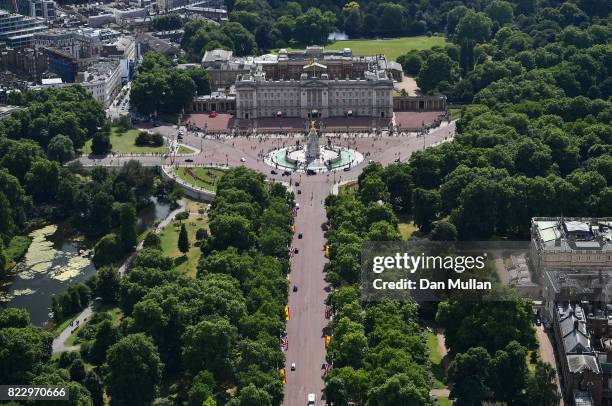 An aerial view of The Mall leading to Buckingham Palace on July 12, 2017 in London, England.