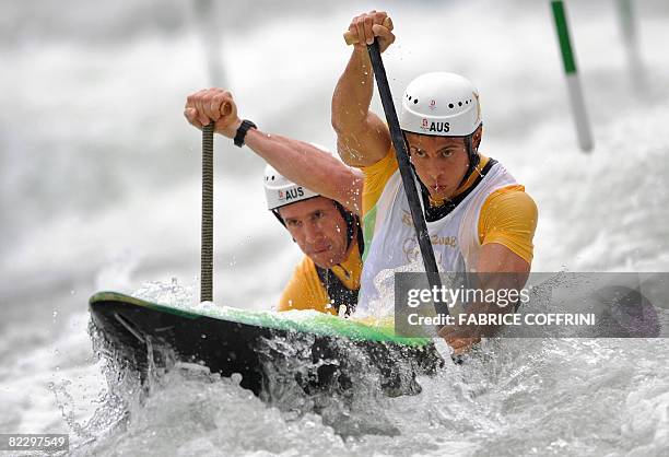 Australia's Mark Bellofiore and Lachlan Milne compete in the 2008 Beijing Olympic Games men's double canoe C2 slalom semi-final event at the Shunyi...