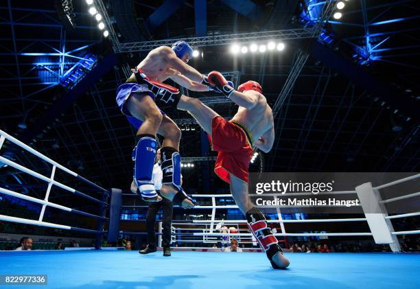 Aleksandr Dimitrenko of Russia fights against Aleksandar Petrov of Bulgaria during the Invitation Sports Kickboxing Men's K1 81kg Quarterfinals of...