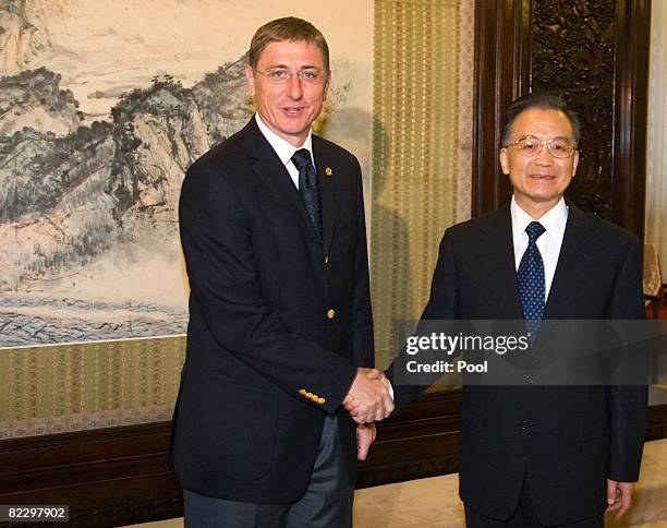 Hungary's Prime minister Ferenc Gyurcsany meets with Chinese Prime Minister Wen Jiabao at the Ziguangge Pavilion in the Zhongnanhai leaders' compound...