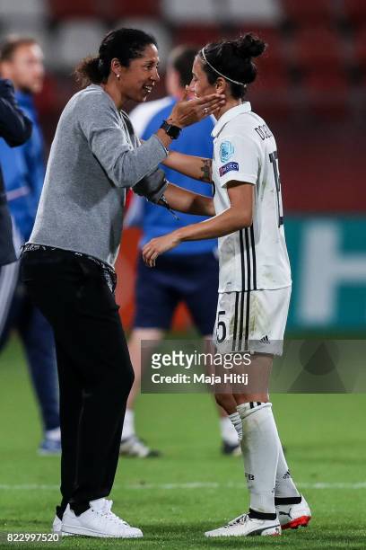 Head Coach Steffi Jones of Germany and Sara Doorsoun after the Group B match between Russia and Germany during the UEFA Women's Euro 2017 at Stadion...