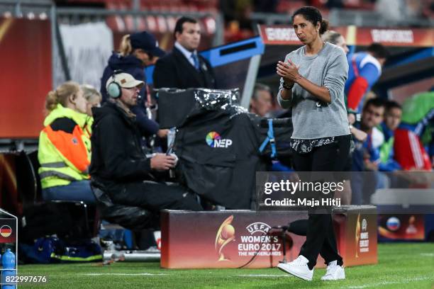 Head Coach Steffi Jones of Germany reacts during the Group B match between Russia and Germany during the UEFA Women's Euro 2017 at Stadion...