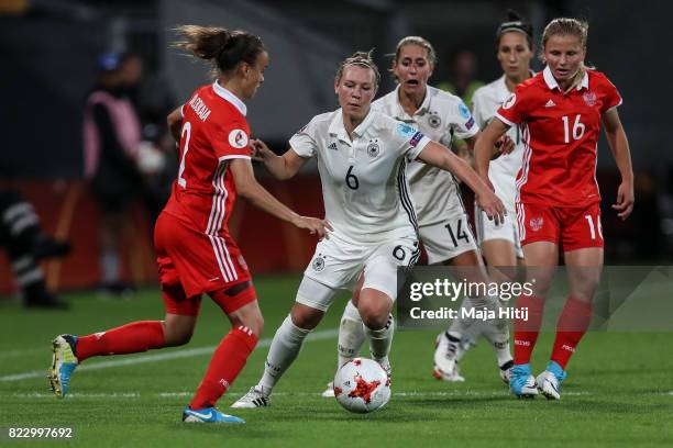 Kristin Demann of Germany and Natalya Solodkaya of Russia battle for the ball during the Group B match between Russia and Germany during the UEFA...